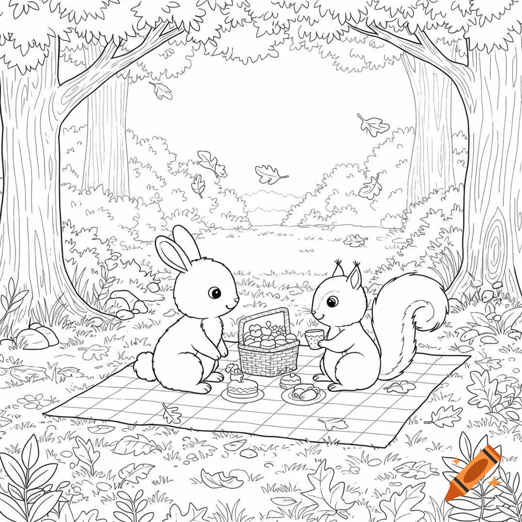 Black and white coloring page of a rabbit and squirrel having a picnic in a forest with falling leaves.