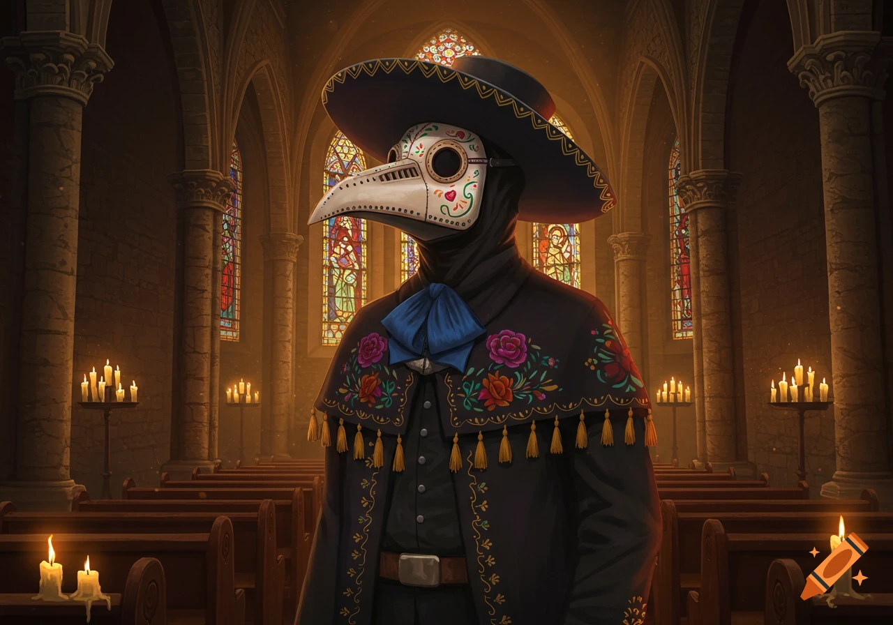 A plague doctor wearing a sombrero and a floral-embroidered robe stands in a dimly lit church with stained glass windows and candles.