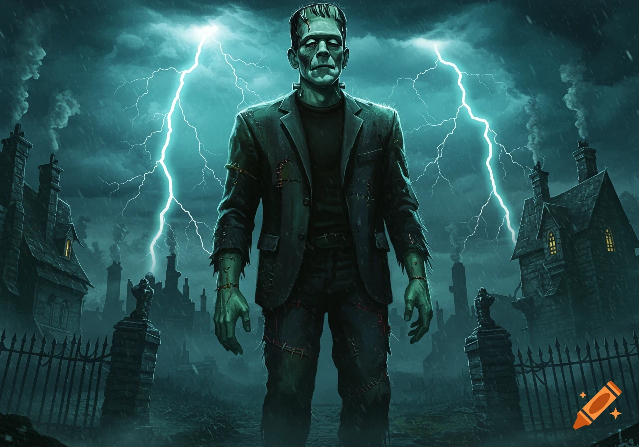 Frankenstein's monster stands under lightning in a stormy gothic graveyard, old houses in background.