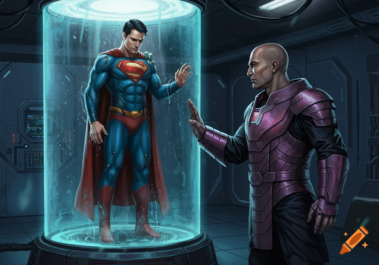 Comic art of Lex Luthor reaching for Superman, who is contained in a glowing glass cell in a sci-fi lab.