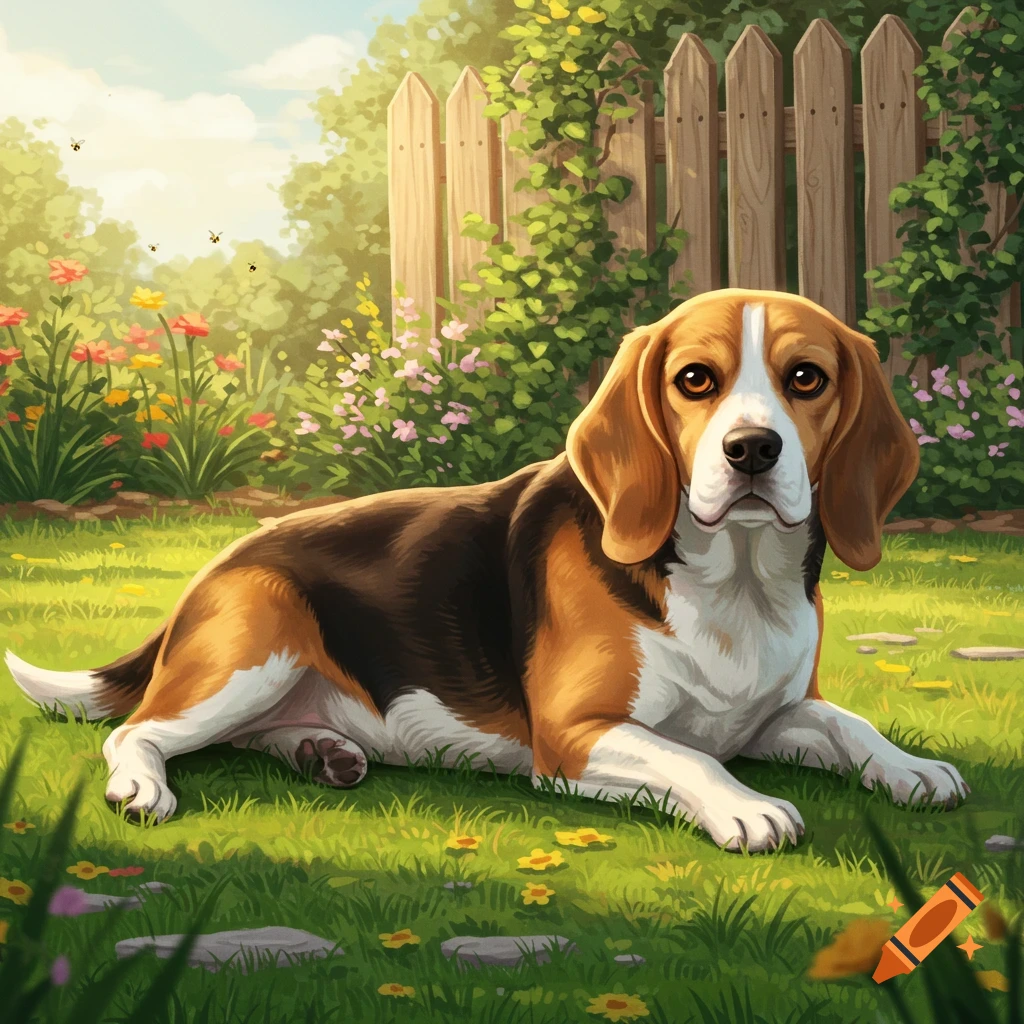 Tricolor beagle dog lies in a sunny, flower-filled garden next to a wooden fence, in an illustrated style.