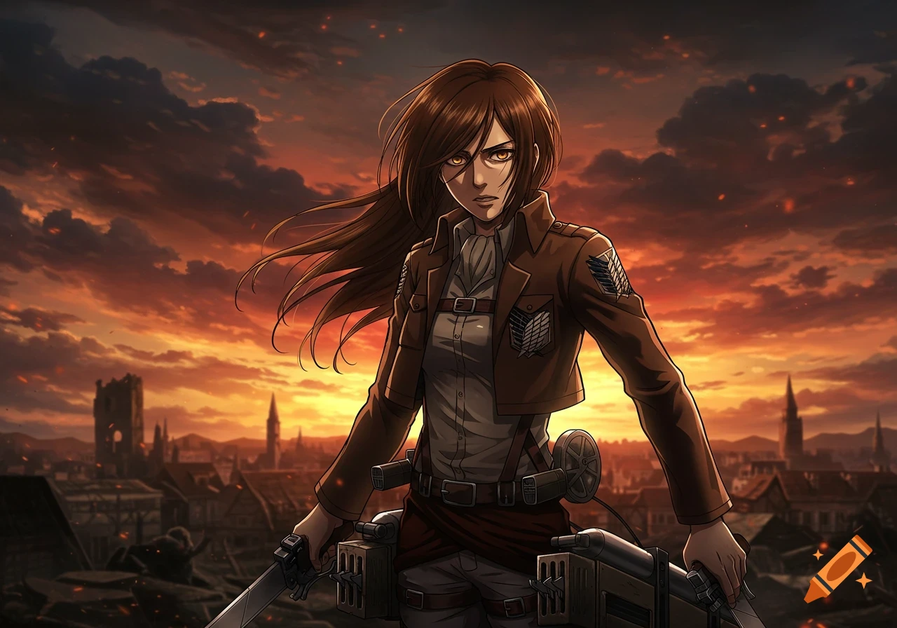 Anime style Gabi Brause from Attack on Titan standing against a fiery sunset and ruined city, holding swords.