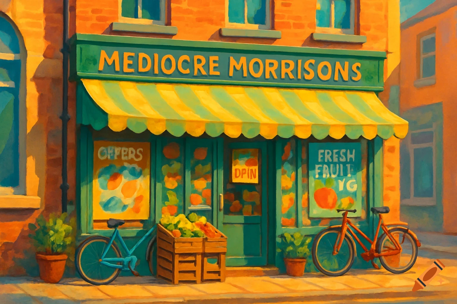 Watercolor illustration of a shop front with a green awning and yellow stripes. The sign reads "MEDIOCRE MORRISONS". Bicycles and fruit crates are outside.