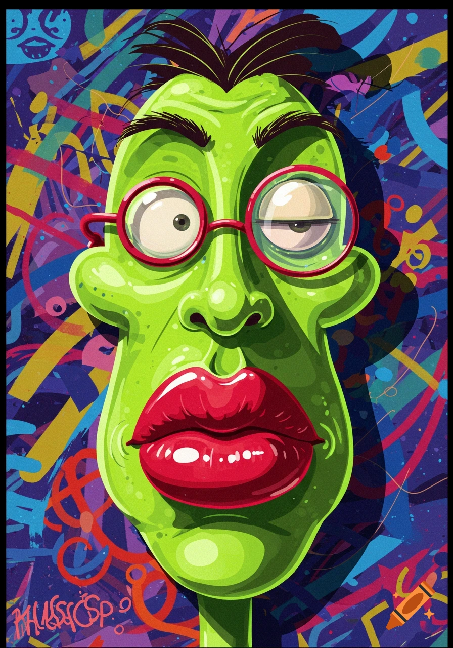 Vibrant cartoon portrait of a green-skinned face with large red lips, round red glasses, and one lazy eye, against a chaotic graffiti background.