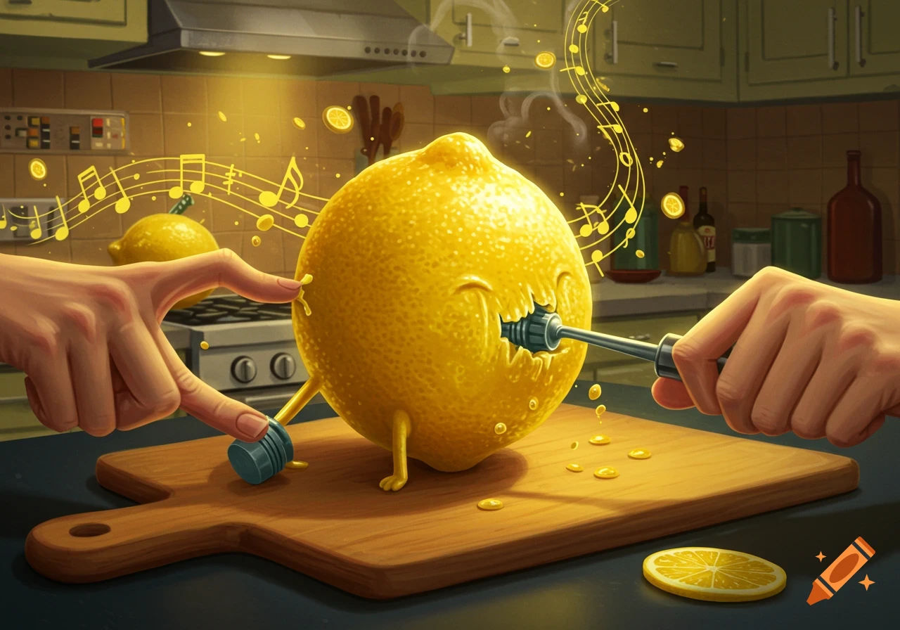 A whimsical cartoon of hands 'DJing' an anthropomorphic lemon in a kitchen, with musical notes and juice emanating from it.