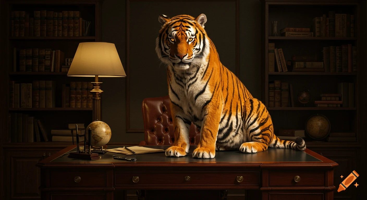 A majestic tiger sits on a dark wooden desk in a dimly lit library with bookshelves.