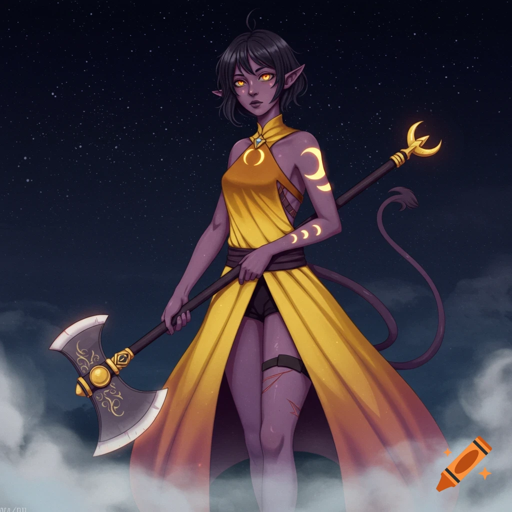A dark-skinned fantasy girl with short black hair, orange eyes, pointed ears, and a tail, wearing a flowing yellow dress with moon symbols, holding a large axe. She stands against a starry night sky with misty clouds at her feet.