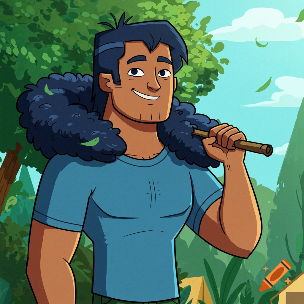 A cartoon man with dark blue hair and a blue t-shirt smiles, carrying a stick and a fluffy dark blue object on his shoulder in a forest.