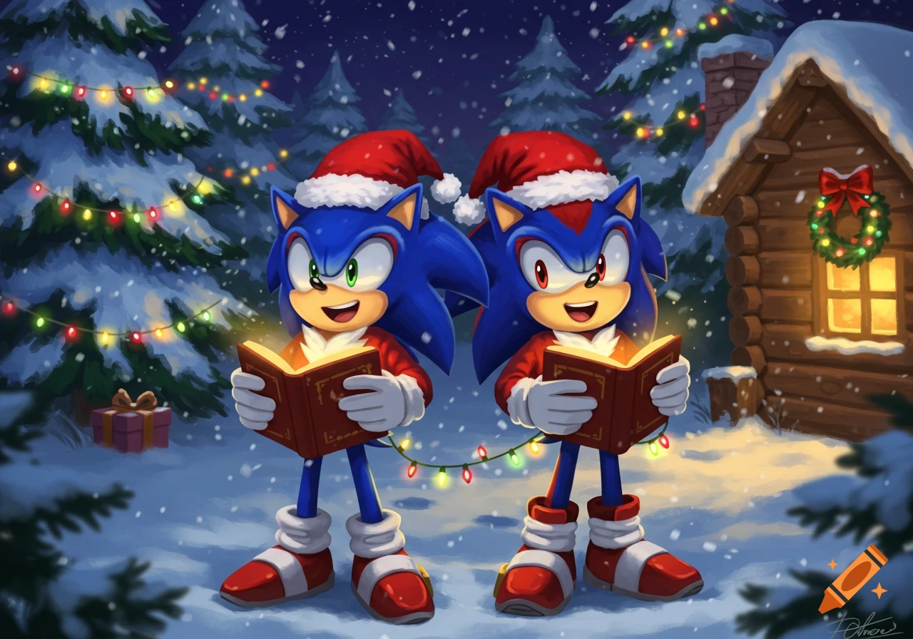 Sonic and Shadow the Hedgehog, wearing Santa hats, hold glowing books and sing carols in a snowy Christmas forest scene with a lit cabin.