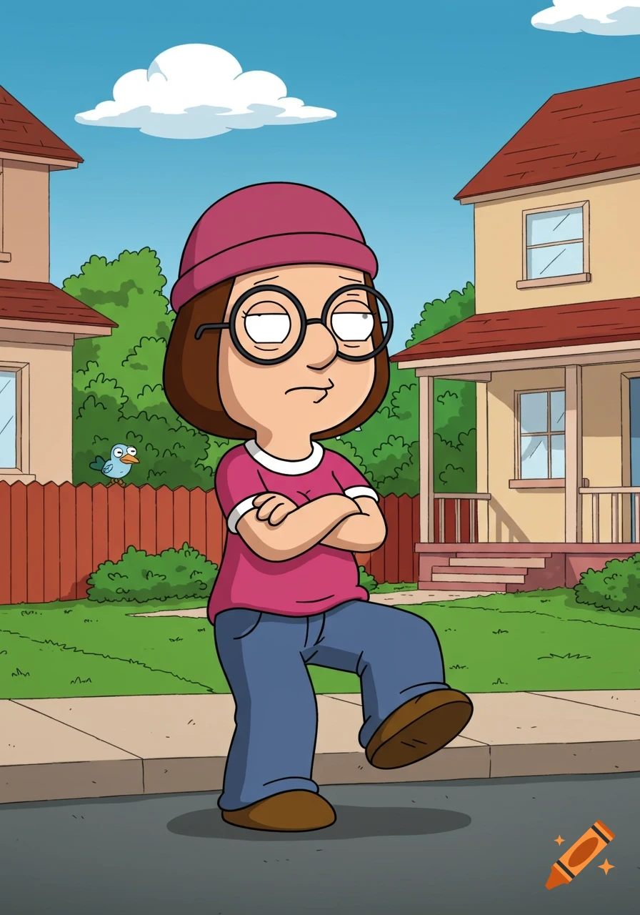 Cartoon character Meg Griffin stands with crossed arms and an annoyed expression on a suburban street.