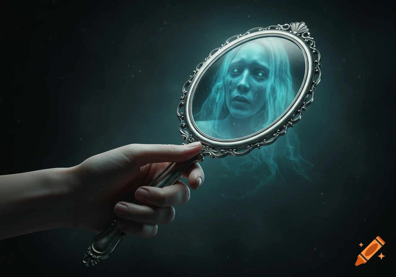A hand holds an ornate hand mirror reflecting a crying, glowing blue ghostly woman's face on a dark background.