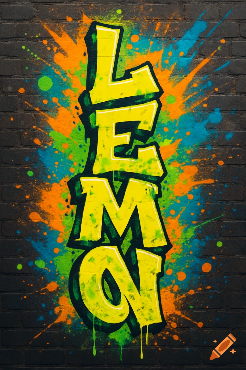 Graffiti word LEMON painted vertically in bright yellow, green, orange, and blue splatters on a dark brick wall.