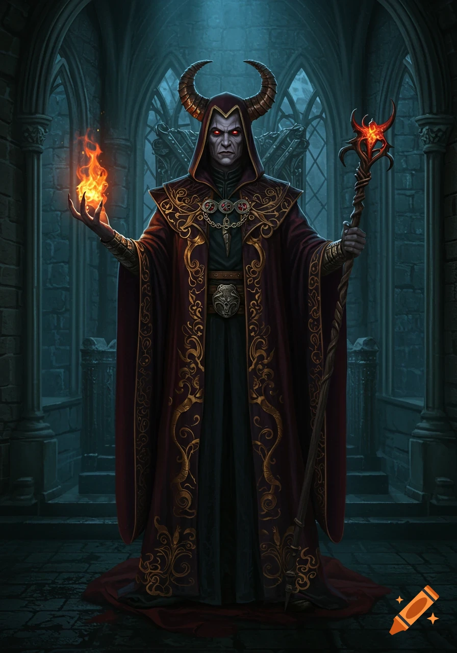 A dark, horned sorcerer in ornate red and gold robes holding a fiery orb and a staff in a gothic cathedral setting.