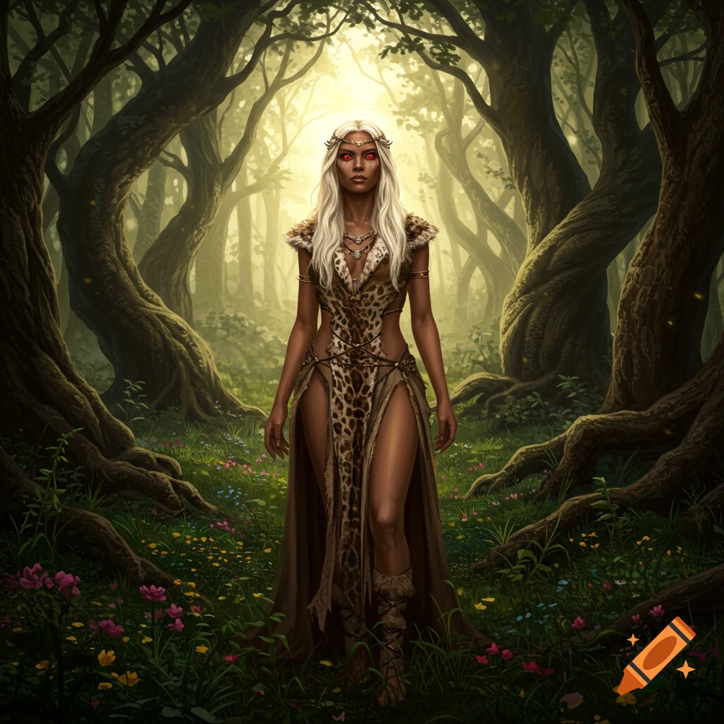 A woman with dark skin, blonde hair, and red eyes wears a leopard print dress, standing in a magical, sunlit forest.