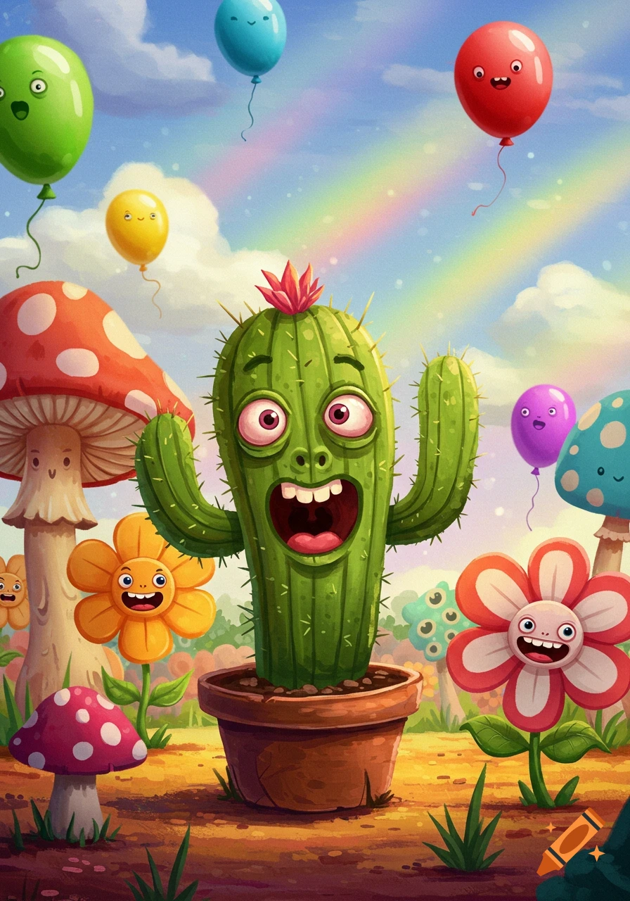 Happy cartoon cactus in a pot surrounded by smiling mushrooms, flowers, and balloons under a rainbow sky, whimsical style.