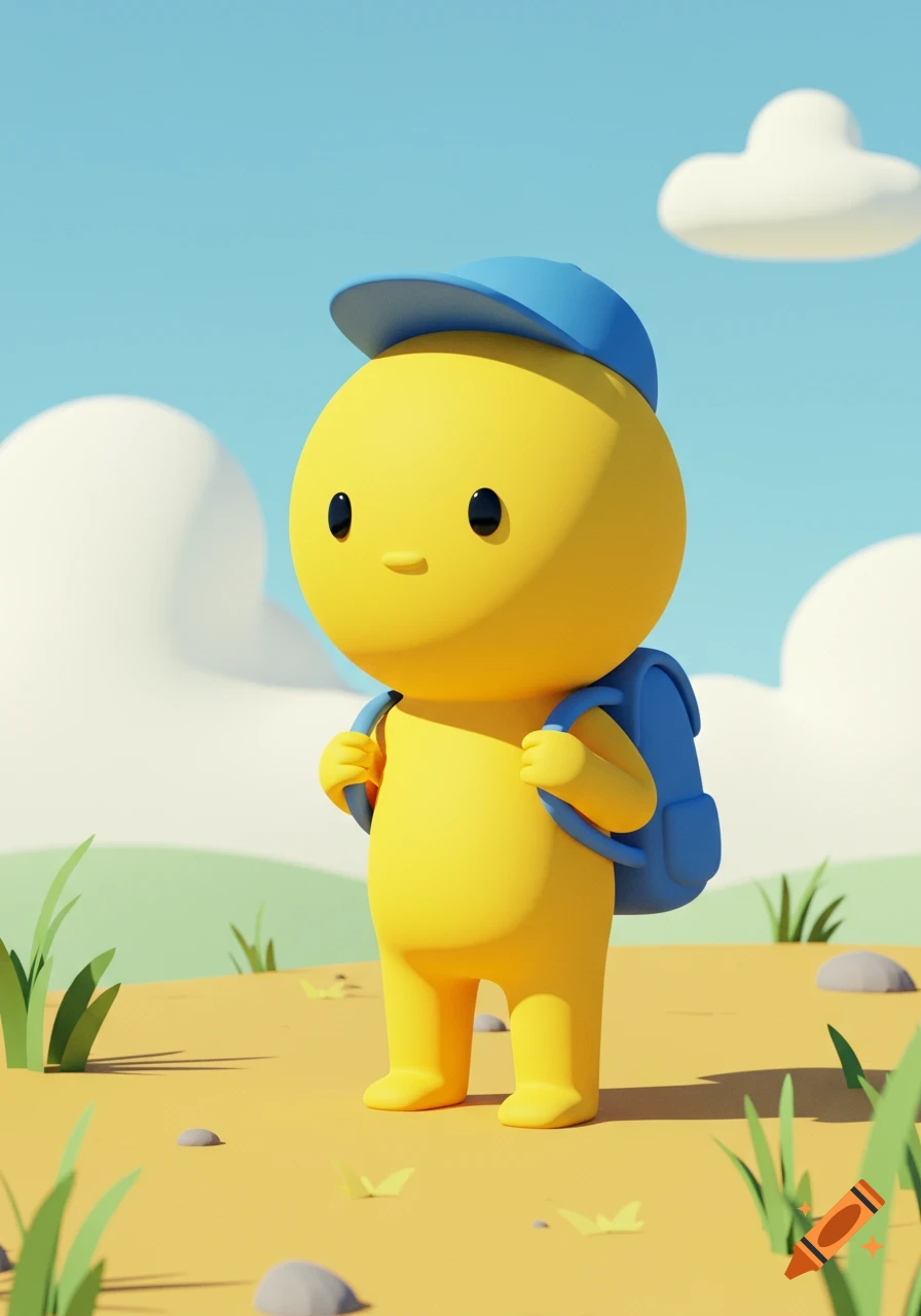 A cute yellow cartoon character with a blue cap and backpack stands in a sunny, stylized outdoor landscape.