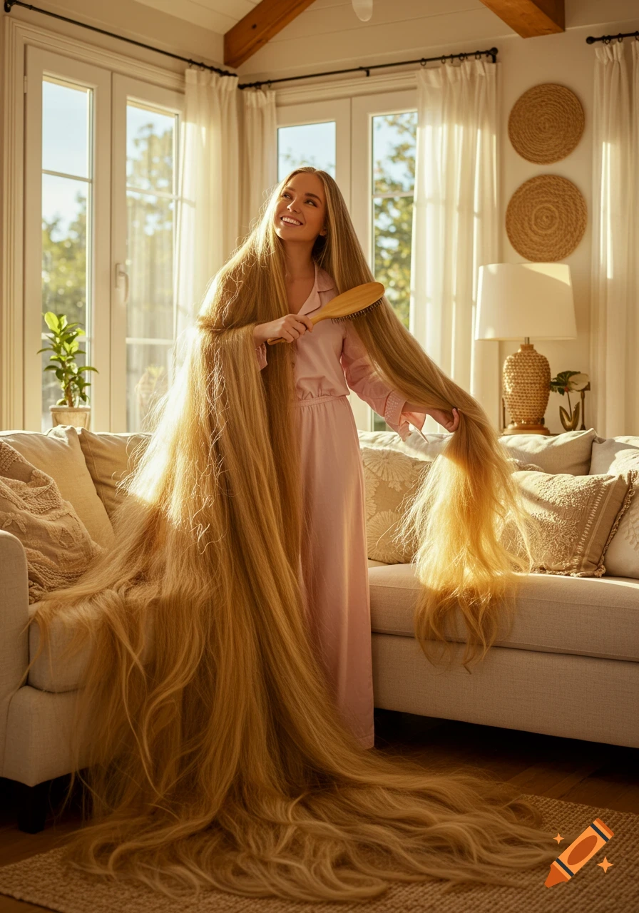 Photorealistic image of a smiling woman with incredibly long, flowing blonde hair cascading around her, brushing it in a sunlit living room.