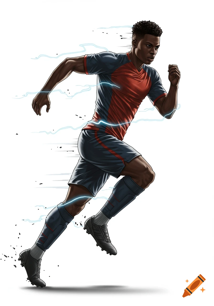 A dynamic Black male soccer player in a red and grey uniform sprints with an electric aura and speed lines, in an anime-photorealistic style.