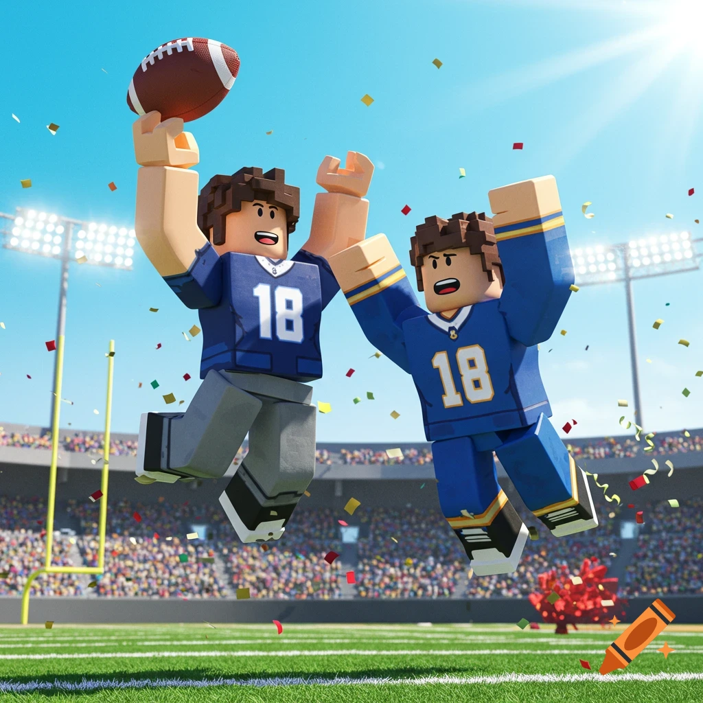 Roblox-style football players in blue jerseys jumping and celebrating a catch on a stadium field with confetti.