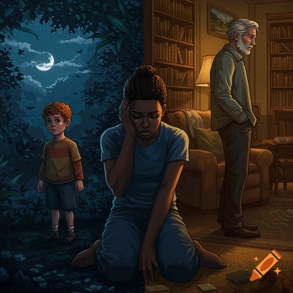 A stylized illustration depicts a crying woman kneeling, a sad boy in a dark forest, and a solemn man in a dimly lit home.