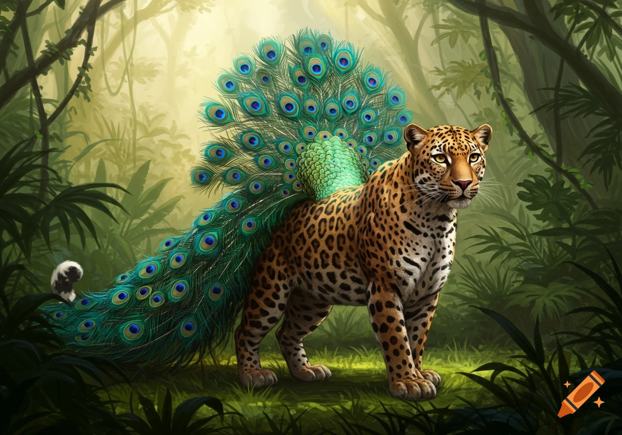 A majestic leopard with a vibrant peacock tail and feathers stands in a lush, sun-dappled jungle.