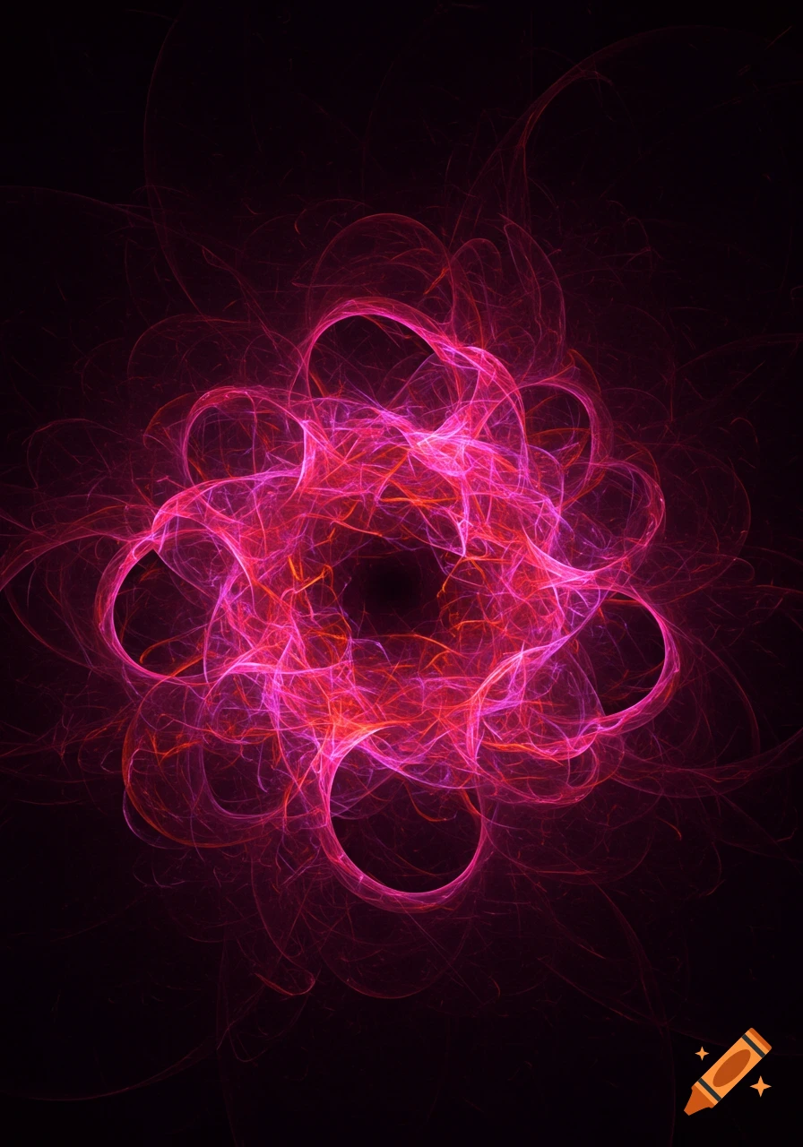 An abstract fractal pattern with vibrant pink, purple, and red swirls against a black background.