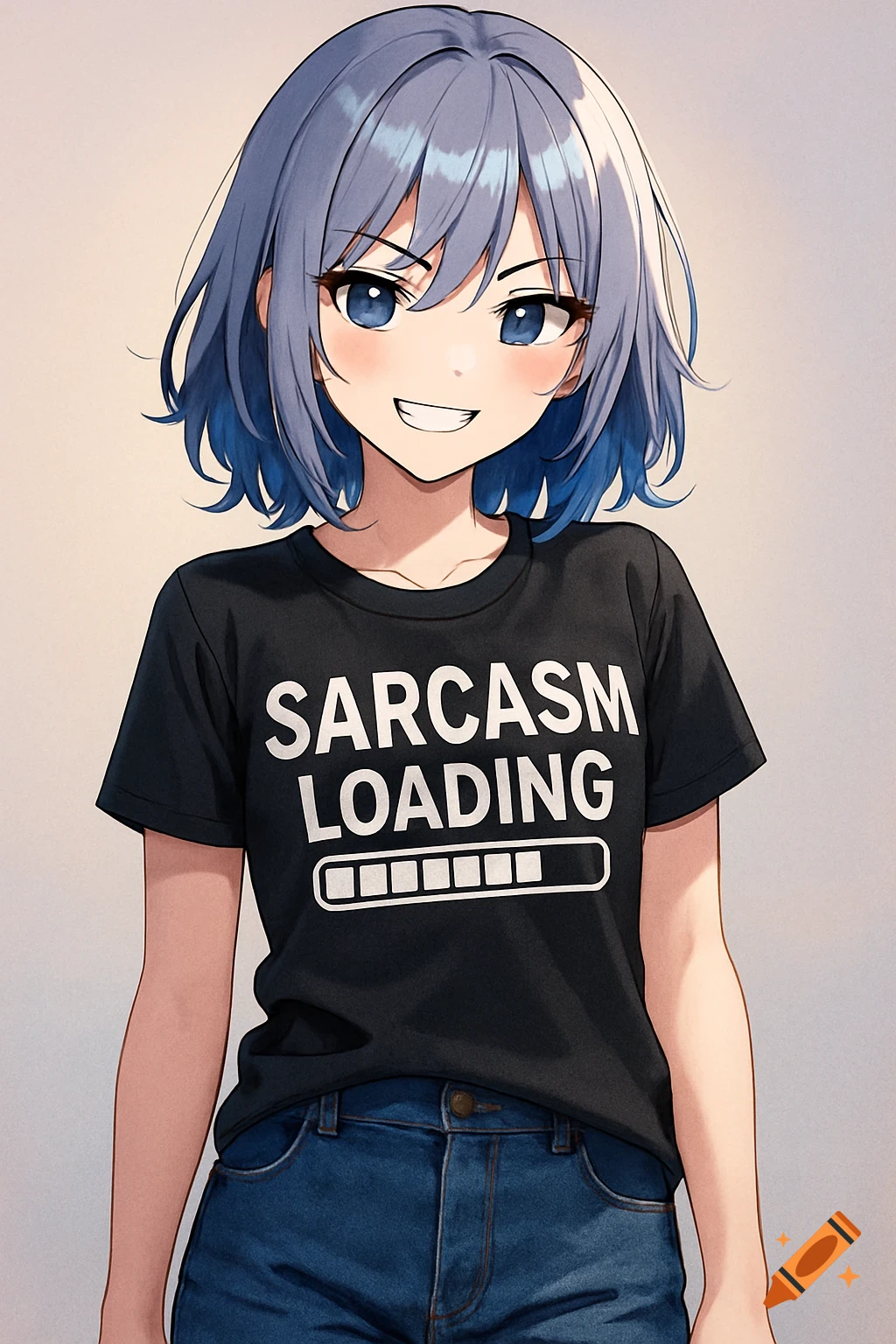 An anime girl with blue hair and blue eyes, smiling, wearing a black t-shirt that reads "SARCASM LOADING" with a loading bar, and blue jeans.