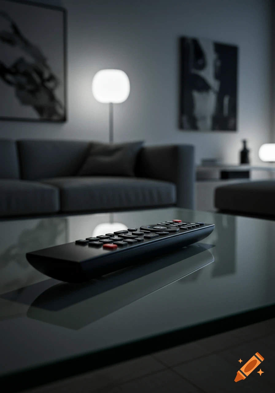 Photorealistic image of a black TV remote on a reflective glass coffee table in a dimly lit modern living room.