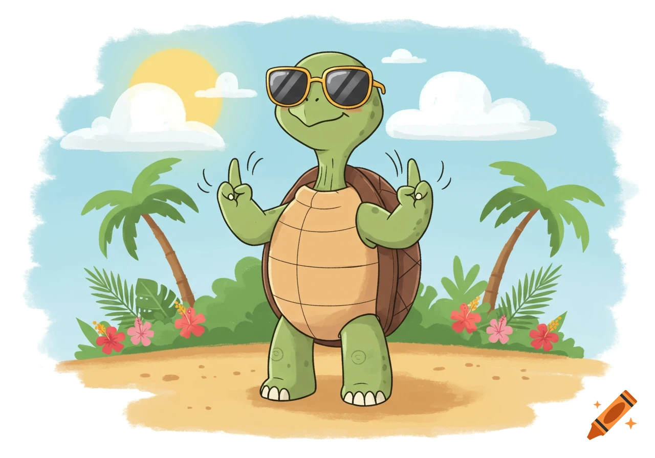 A cute cartoon turtle in sunglasses on a beach with palm trees and a sunny sky, raising both index fingers.