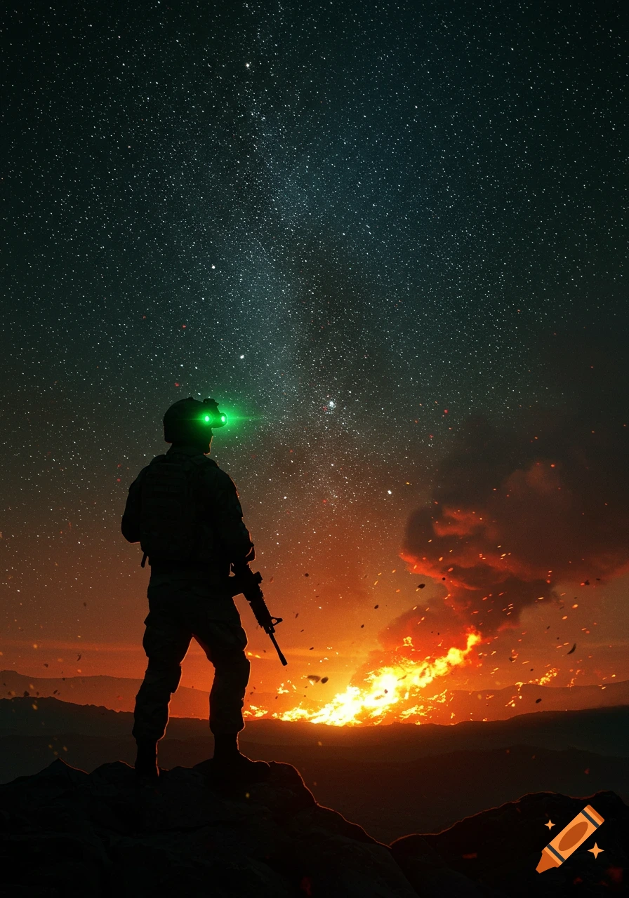 Silhouette of a soldier with night vision goggles looking at a starry night sky, with a large fire burning on the horizon.