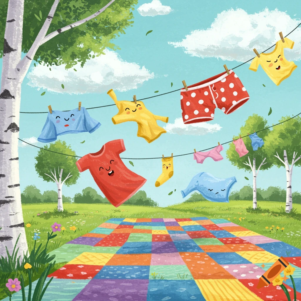 Playful illustration of cartoon clothes with faces drying on a clothesline in a sunny field with trees and a colorful quilt.