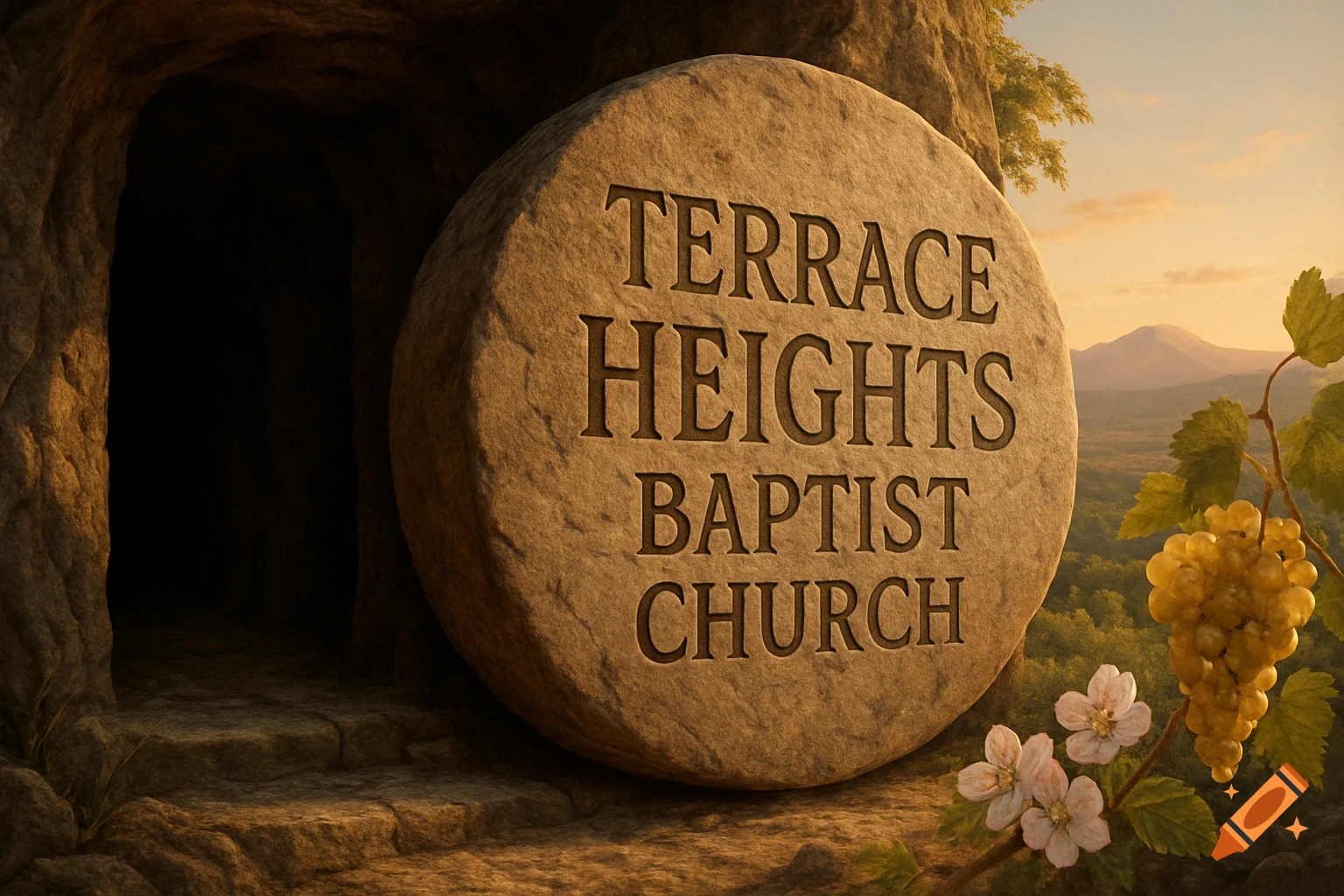 A large stone engraved with "Terrace Heights Baptist Church" partially blocks a dark tomb entrance, with grapes and flowers in the foreground against a sunset landscape.