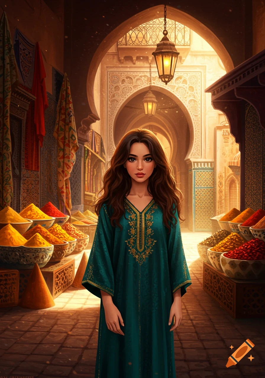 A beautiful woman with long brown hair, wearing a green kaftan with gold embroidery, stands in a vibrant Moroccan spice market.