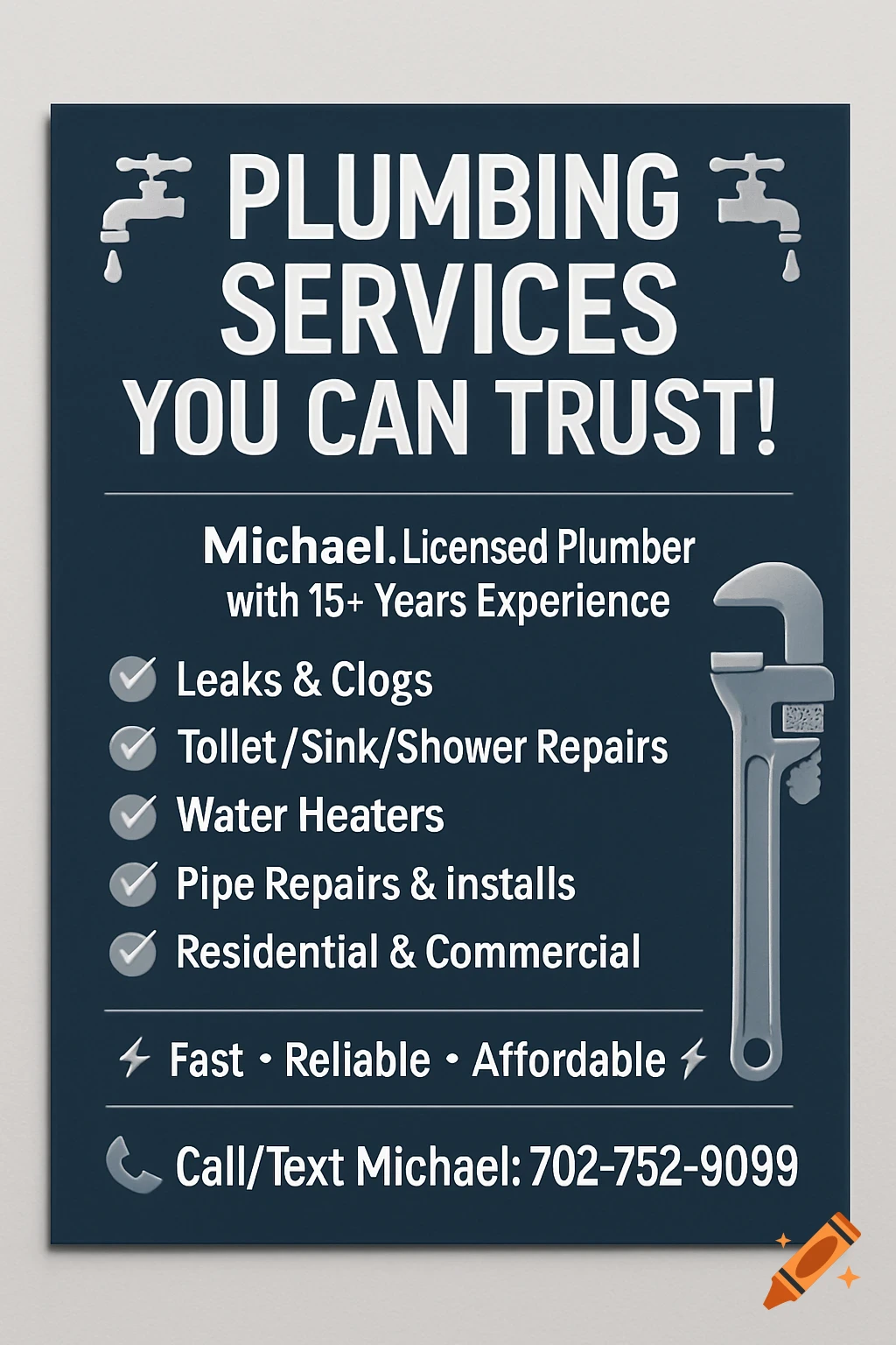Professional plumbing services flyer with blue background, white text, and silver plumbing icons, listing services and contact information.