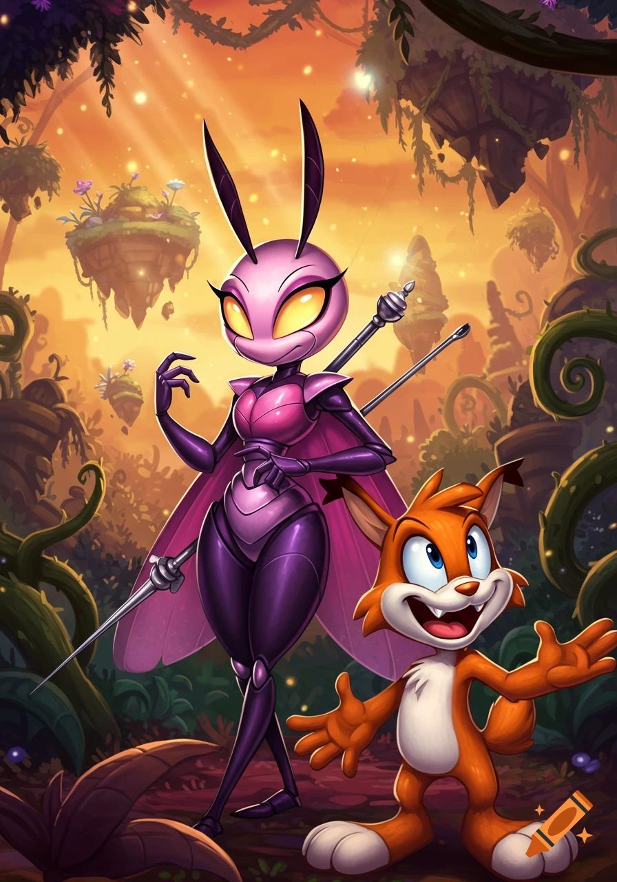 A purple insect-like warrior with a spear stands next to an orange cartoon bobcat in a vibrant fantasy jungle with floating islands.