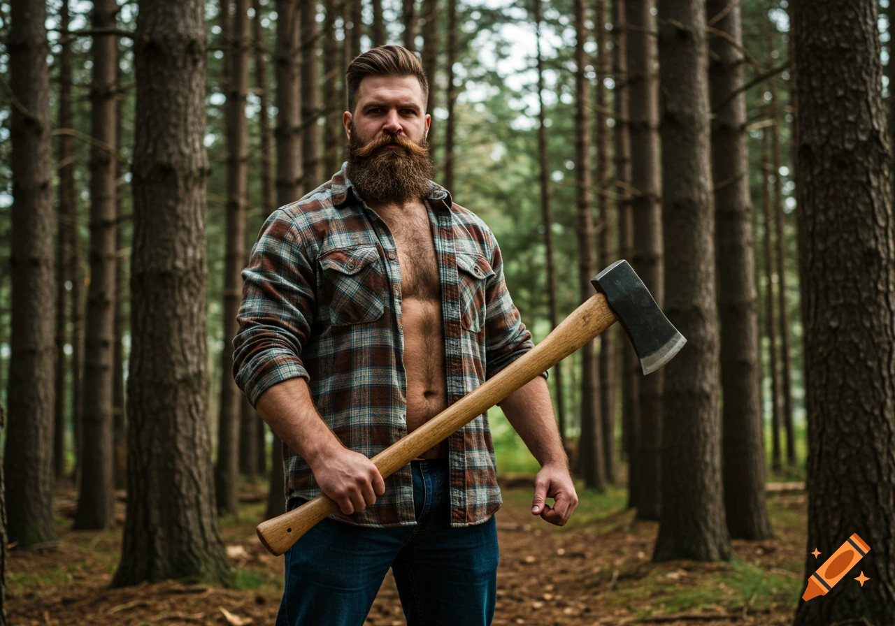 A bearded man in an open plaid shirt holds an axe, standing in a dense forest.