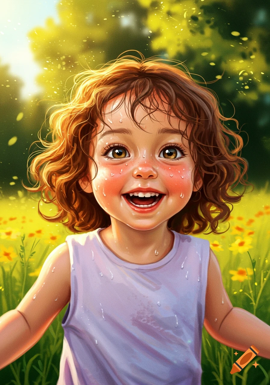 A smiling young girl with curly brown hair and sweat on her face stands in a sunny field of yellow flowers, illustration.