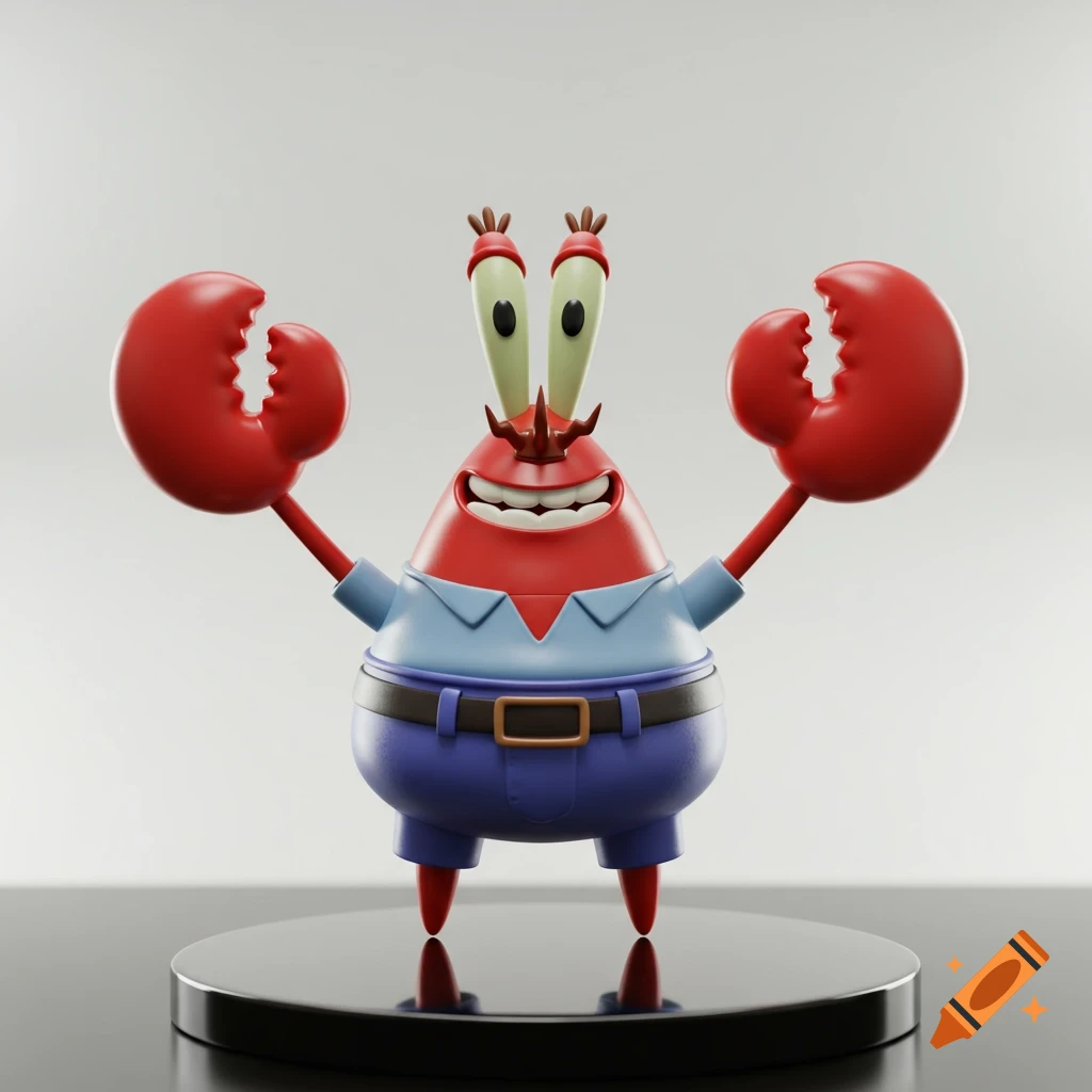 A 3D render of Mr. Krabs from Spongebob Squarepants, depicted as an action figure on a black circular stand.