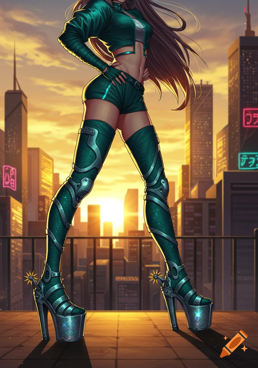 Anime girl in green cropped outfit, shorts, and platform boots with spurs, posing on a rooftop against a city sunset.