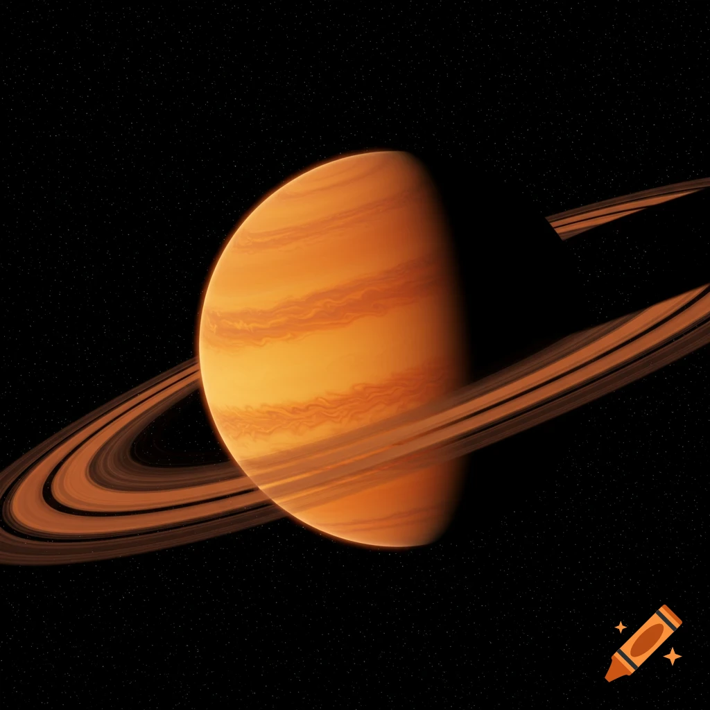 An orange gas giant planet with prominent rings against a black starry background.