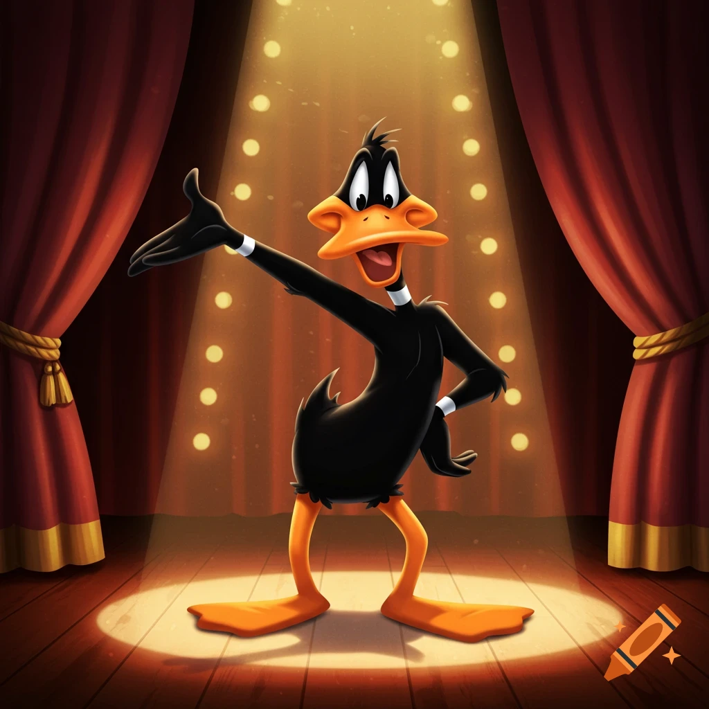 Daffy Duck in a black suit posing on a spotlighted stage with red curtains in a cartoon style.