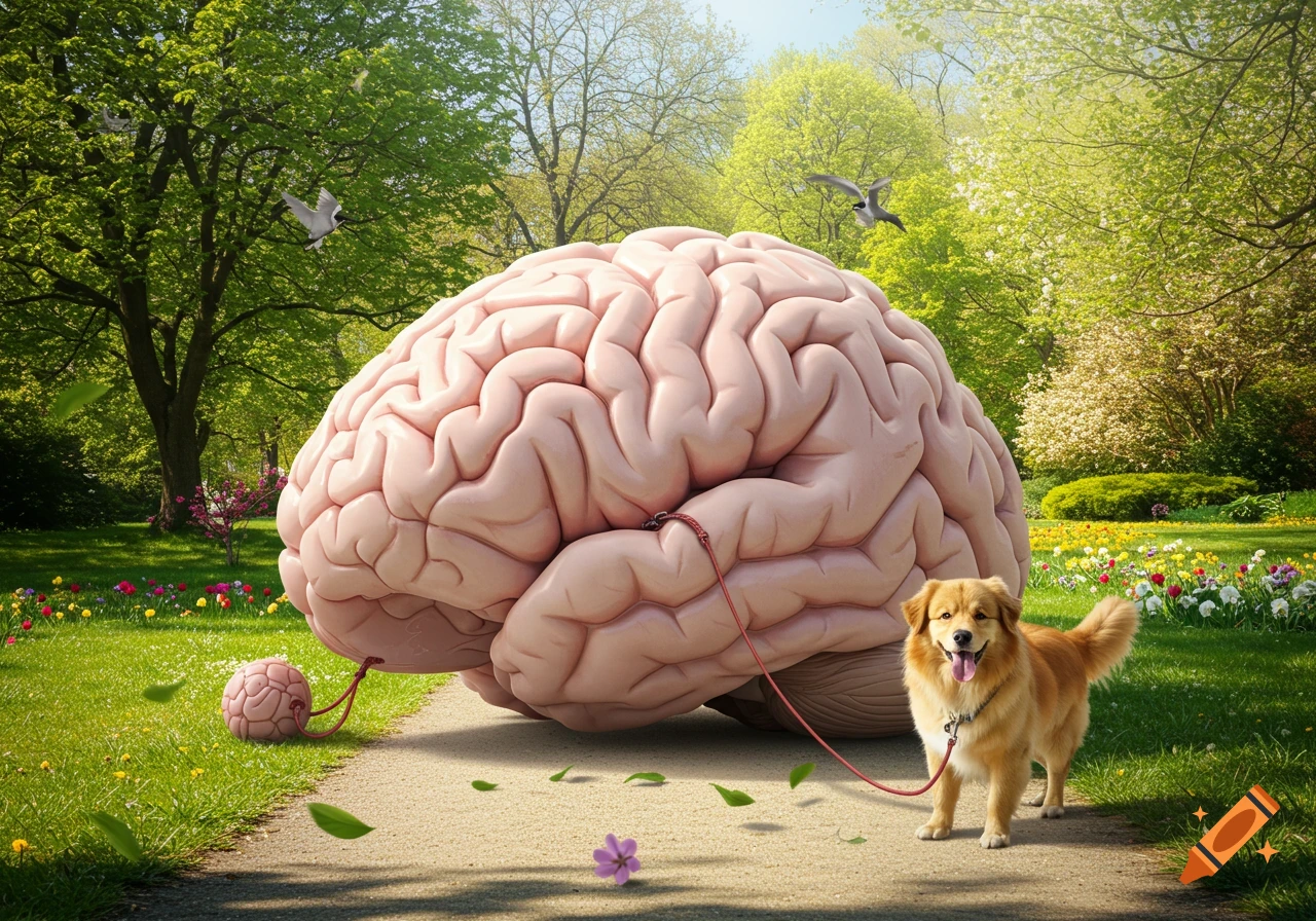 A photorealistic, surreal image of a golden retriever walking a gigantic human brain on a leash through a sunny park.