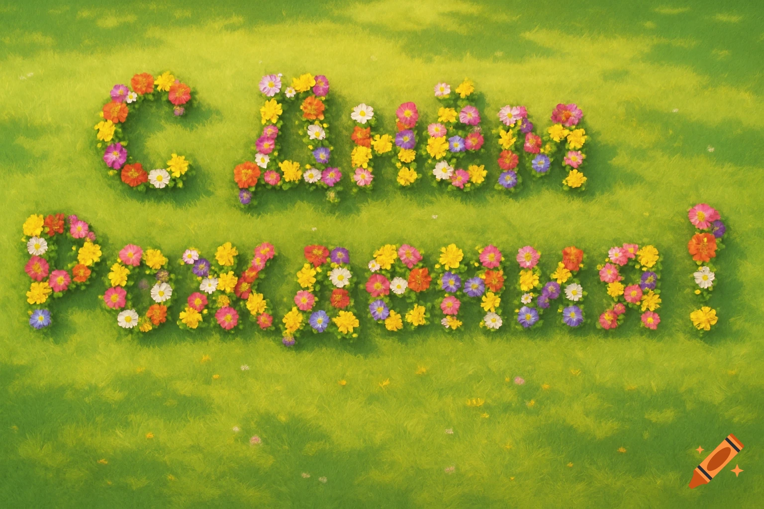 Colorful flowers spelling out 'Happy Birthday!' in Cyrillic on a bright green lawn under soft sunlight.