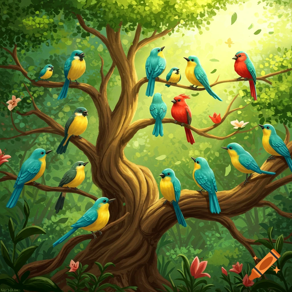Colorful birds sit on a large tree with lush green leaves in a vibrant, illustrated forest scene.