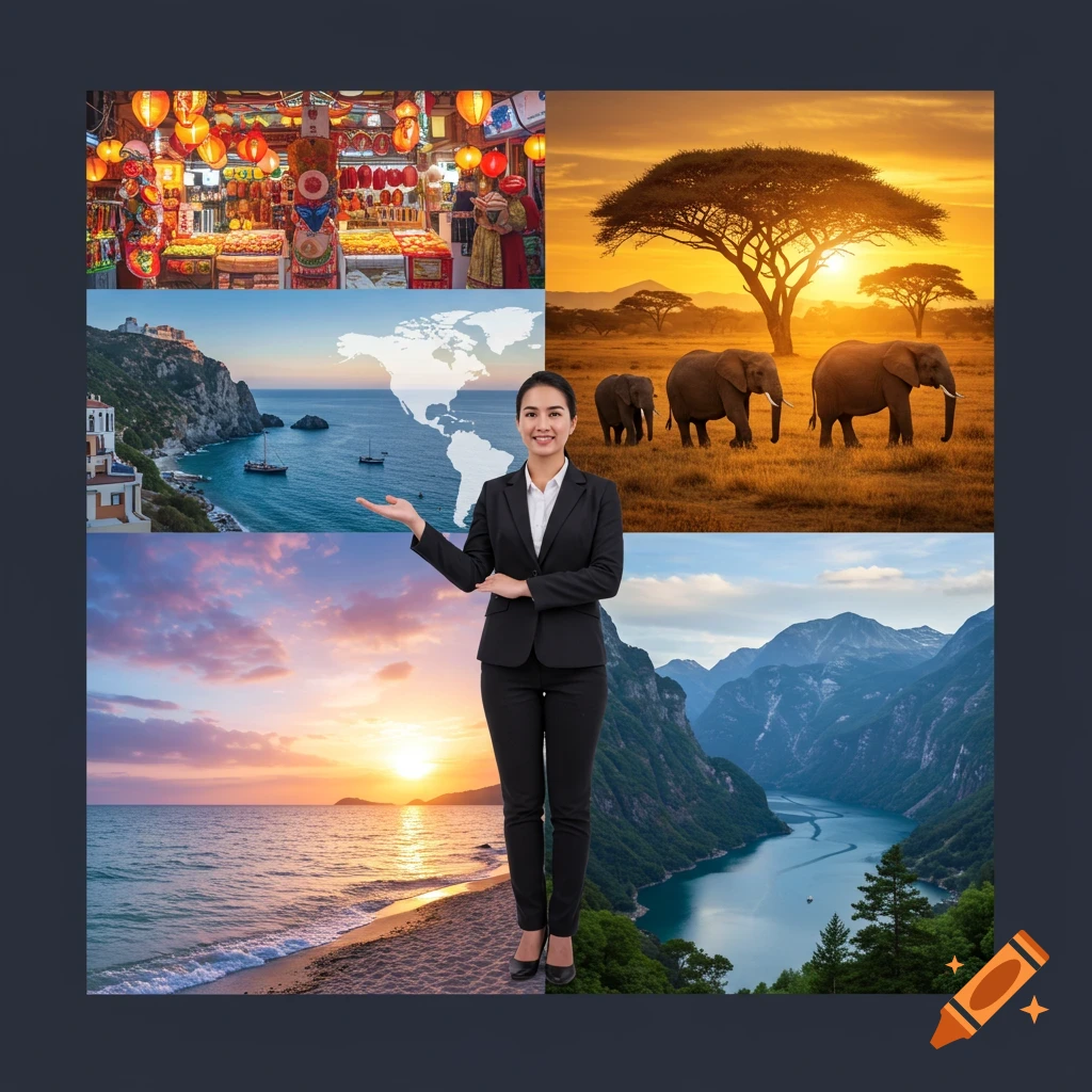 Smiling woman in a business suit gestures at a collage of travel destinations: a market, safari, beach, and fjord.