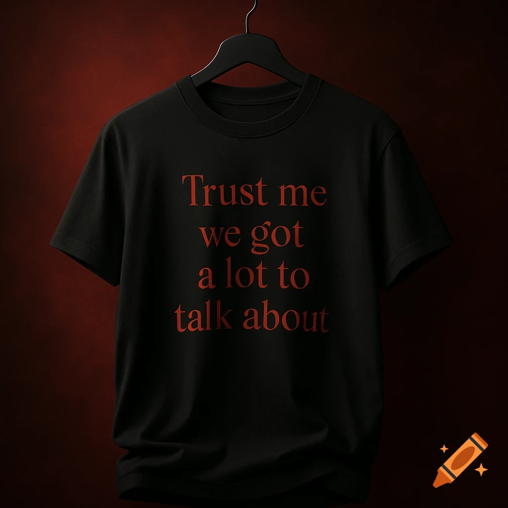Black t-shirt with 'Trust me we got a lot to talk about' in red, hanging on a black hanger against a dark red wall.