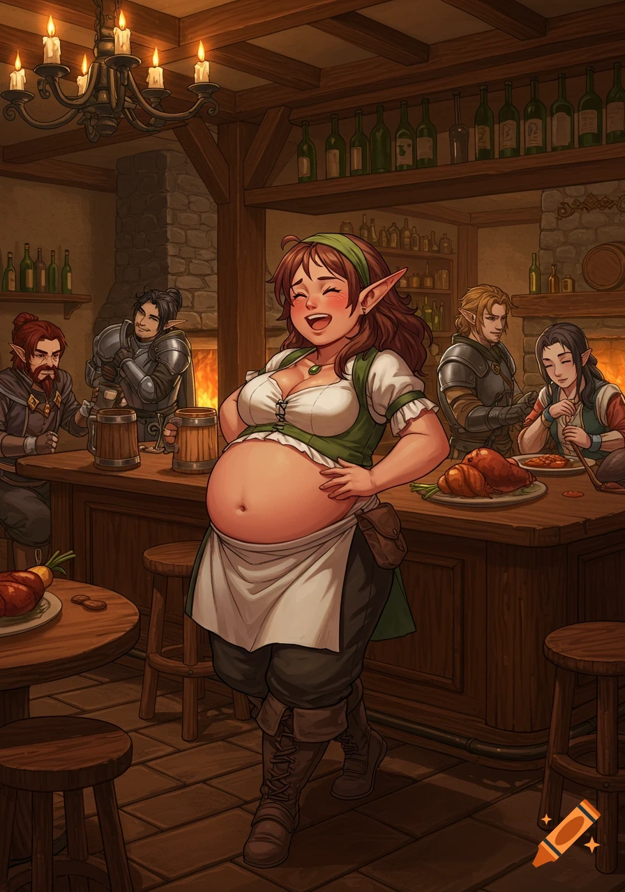 A smiling, pregnant elf barmaid in an anime style stands in a fantasy tavern, holding her belly.