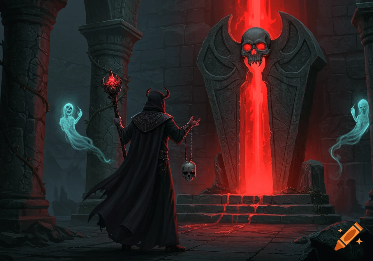 A hooded necromancer with a skull pendant stands before a glowing red skull tomb, with two ghosts in a dark dungeon.