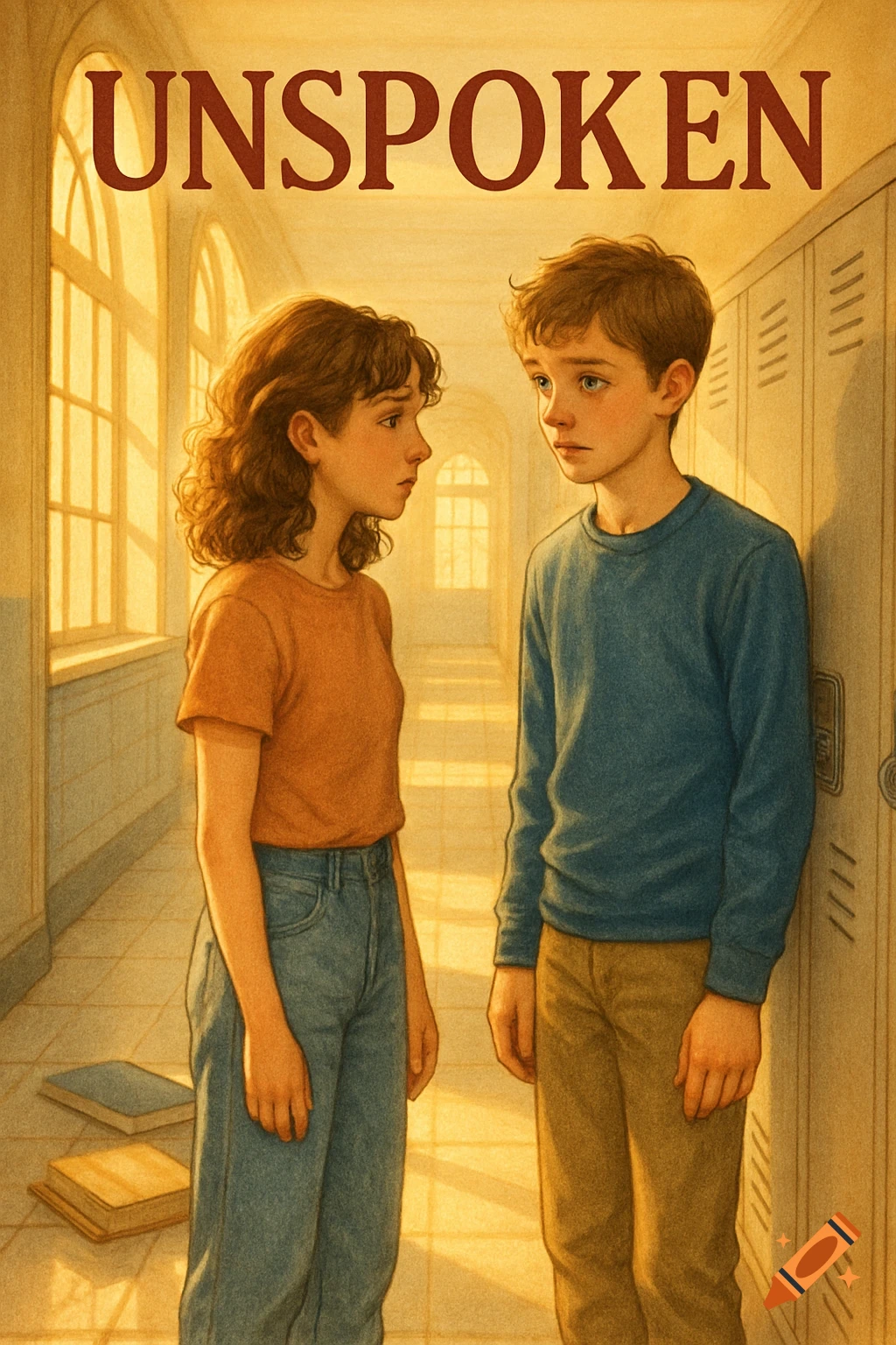 Illustration of two teens in a sunlit school hallway, girl and boy looking at each other, title 'UNSPOKEN'. Lockers and books are visible.