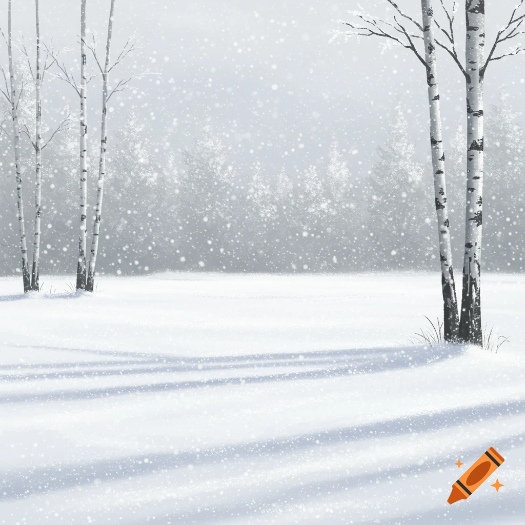 A serene snowy field with birch trees and falling snow. Long shadows stretch across the pristine white ground, with a forest in the misty background.